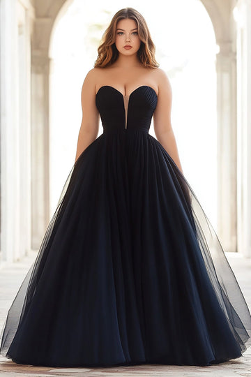Black Ball Gown Sweetheart Pleated Plus Tulle Long Formal Dress